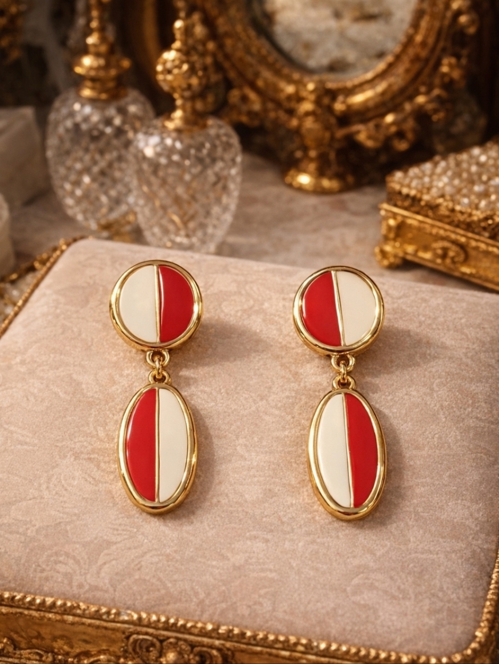 Vintage Monet red cream enamel drop earrings gold tone pierced 80s signed